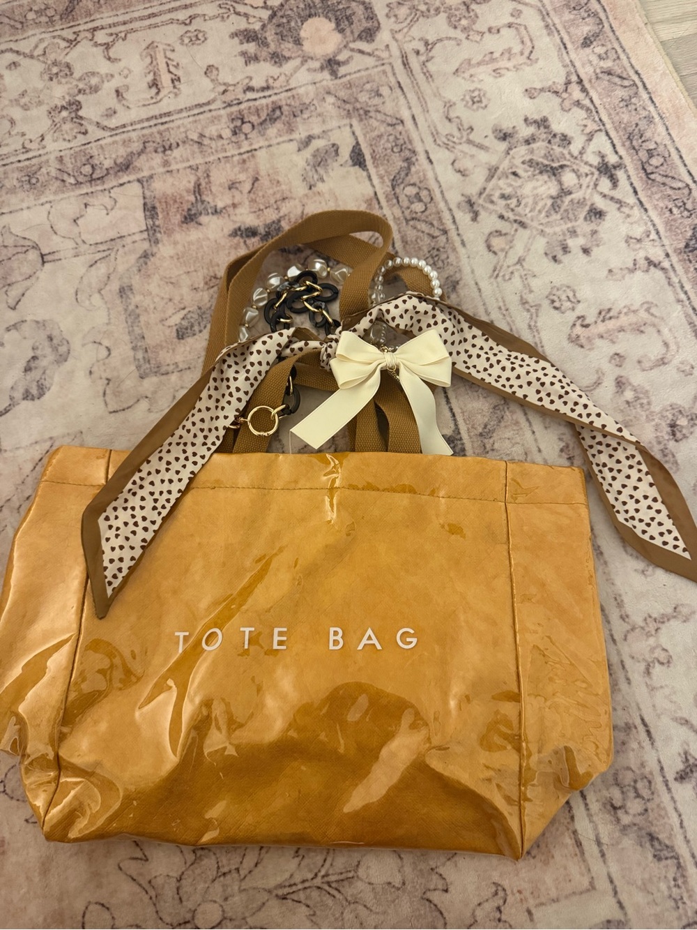 Mustard Yellow Vinyl Tote Bag with Bow Accent